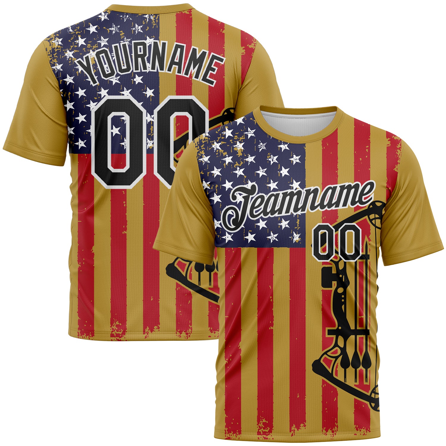 Custom Old Gold Black-White 3D Pattern Design Arrow Archery Bow Target American Flag Performance T-Shirt
