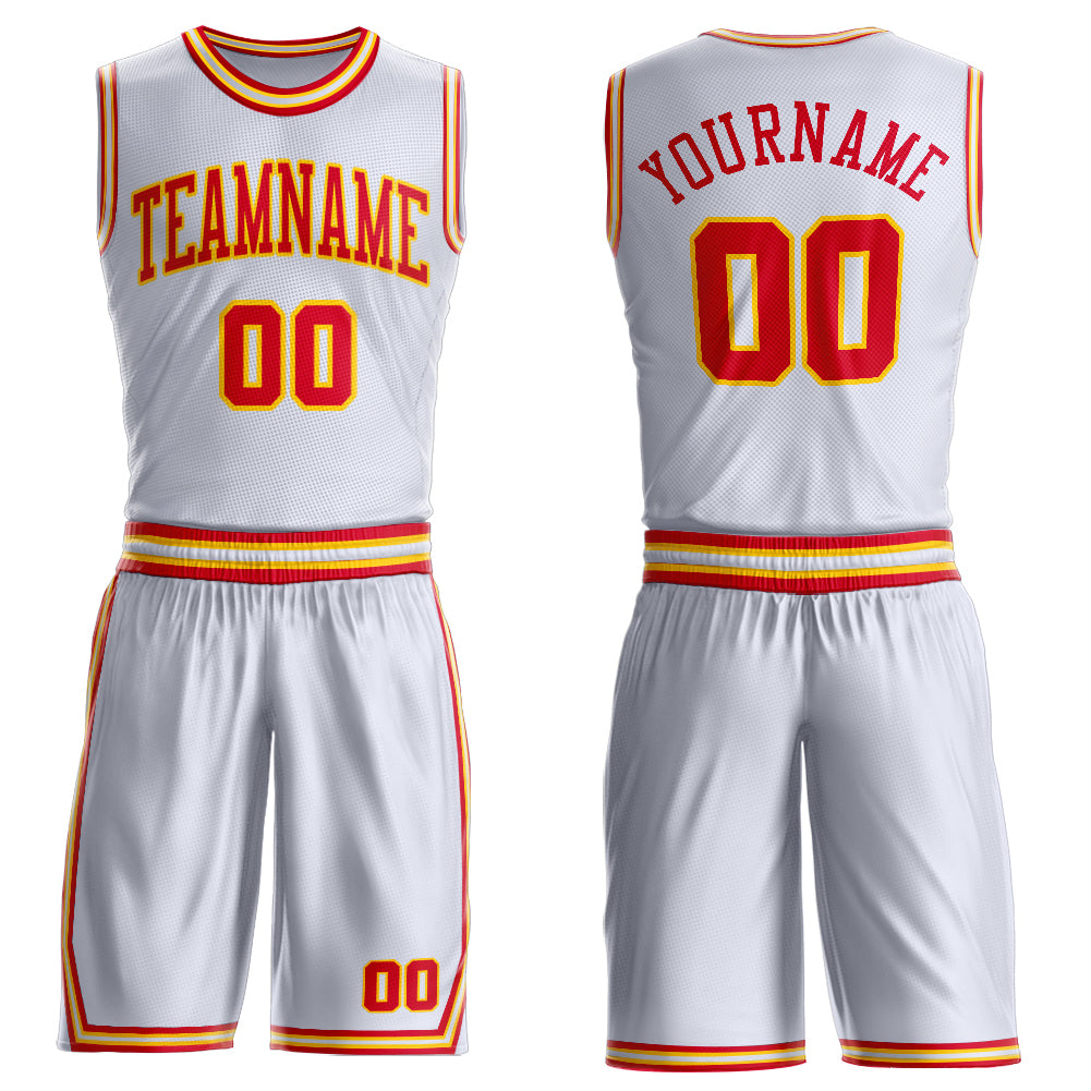 Custom White Red-Gold Round Neck Basketball Uniform Jersey