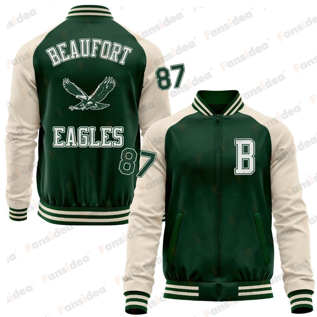 Custom Cream Green Bomber Varsity Letterman Two Tone BEAUFORT EAGLES Zipper Jacket