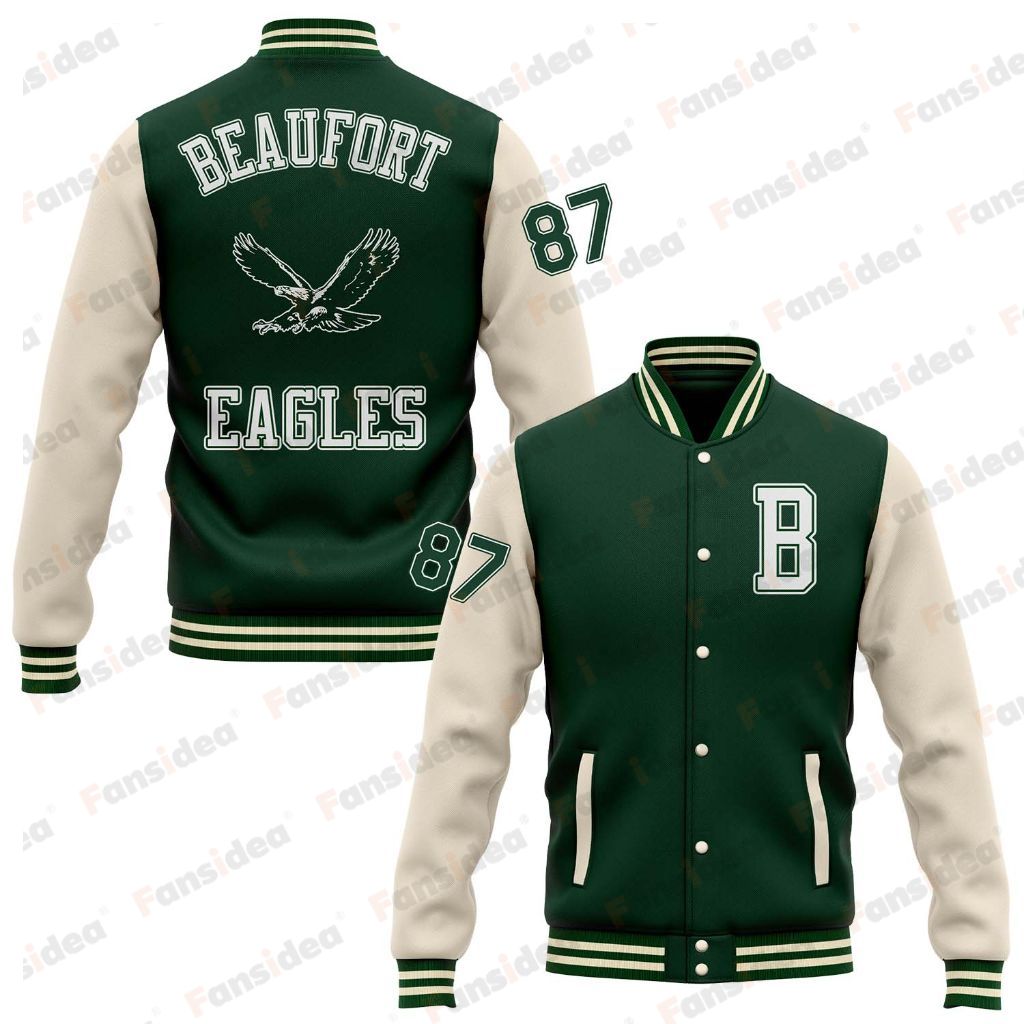 Custom Green Cream Bomber Full-Snap Varsity Letterman Two Tone BEAUFORT EAGLES Jacket
