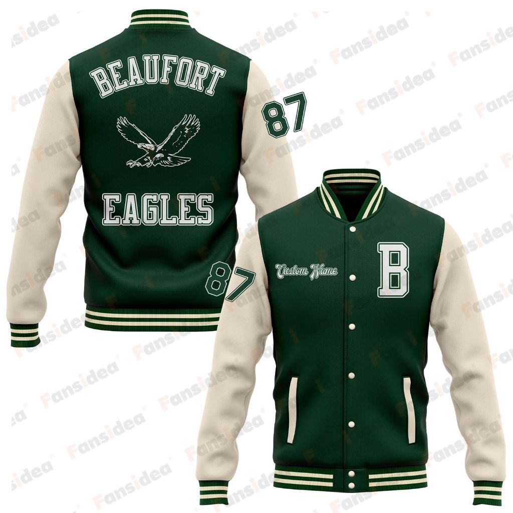 Custom Green Cream Bomber Full-Snap Varsity Letterman Two Tone BEAUFORT EAGLES Right Chest Name Jacket