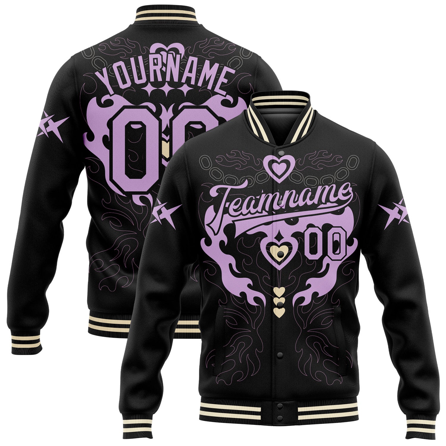 Custom Black Light Purple-Cream Gothic Y2K Bomber Full-Snap Varsity Letterman Jacket