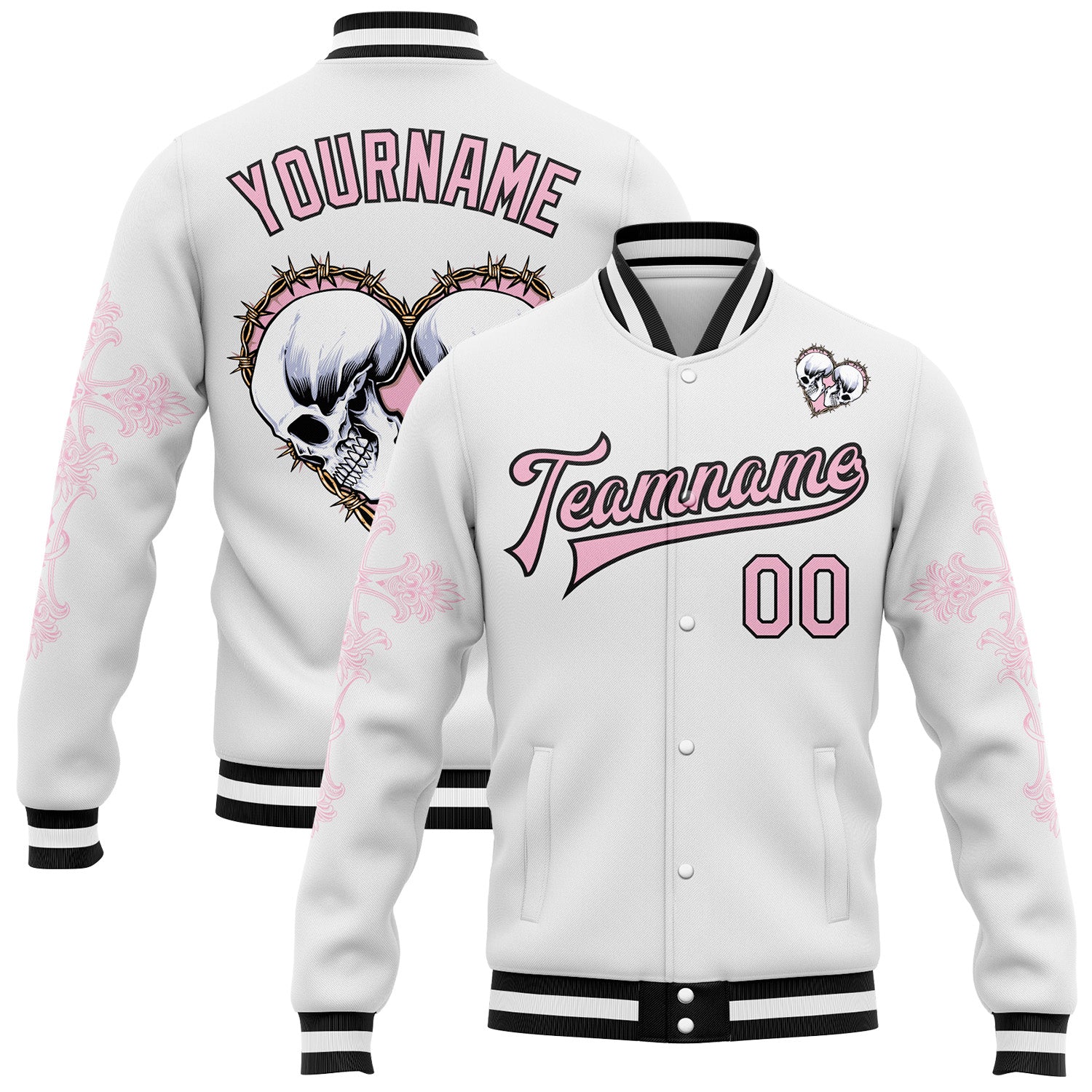 Custom White Light Pink-Black Gothic Crosses Skull Bomber Full-Snap Varsity Letterman Jacket