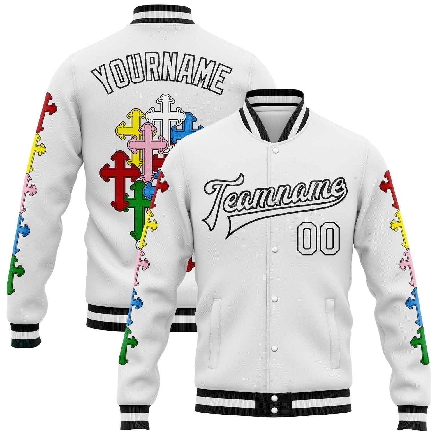 Custom White Black Gothic Chromatic Crosses Bomber Full-Snap Varsity Letterman Jacket