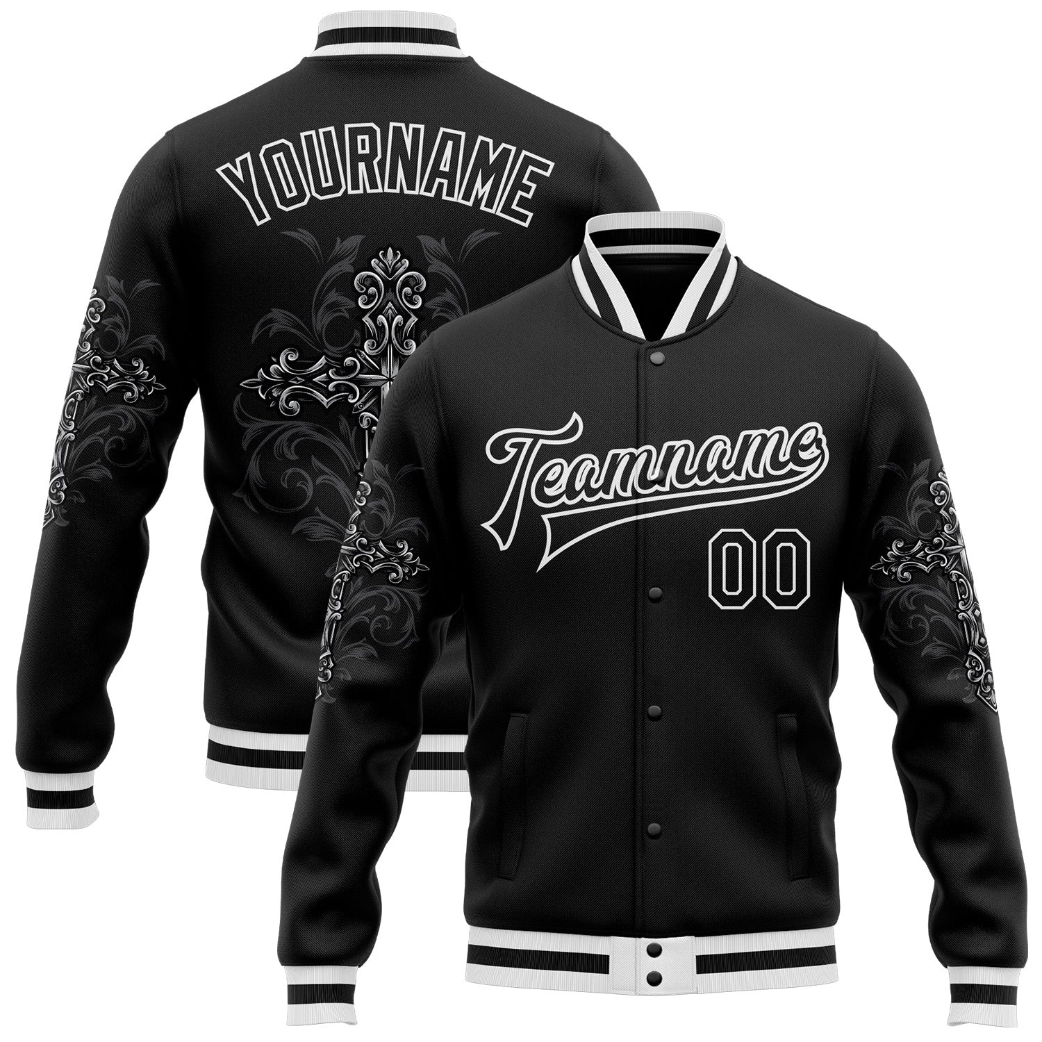Custom Black White Gothic Crosses Bomber Full-Snap Varsity Letterman Jacket