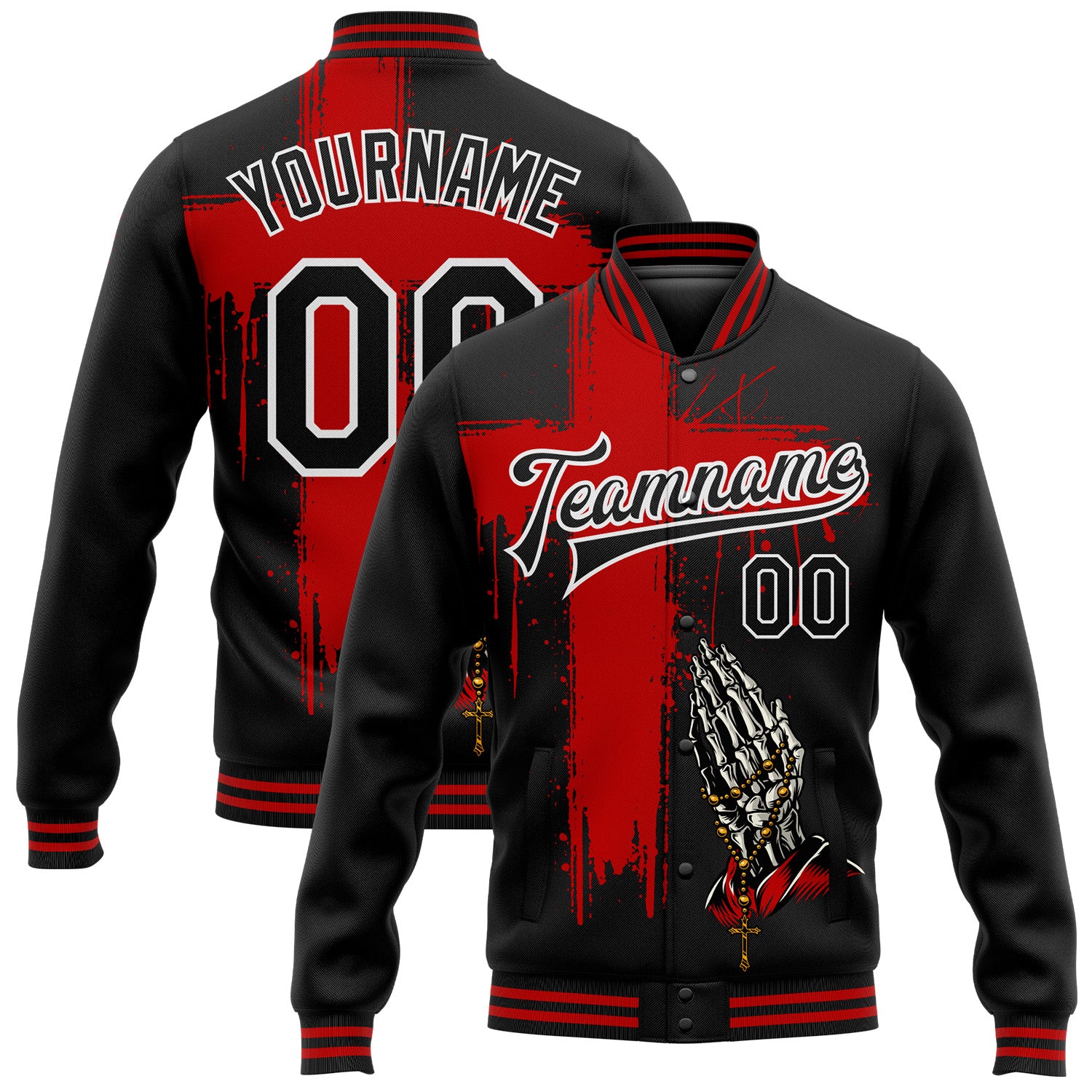 Custom Black Red-White Gothic Crosses Bomber Full-Snap Varsity Letterman Jacket