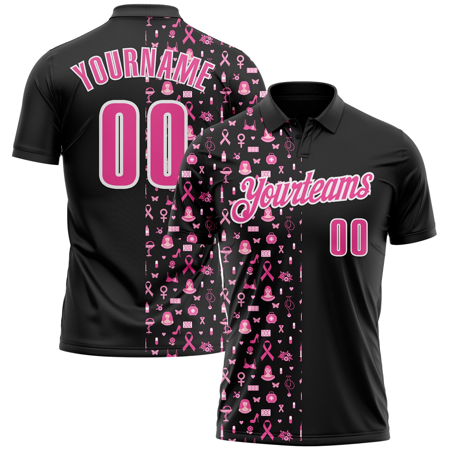 Custom Black Pink-White 3D Pink Ribbon Breast Cancer Awareness Month Women Health Care Support Performance Polo Shirt
