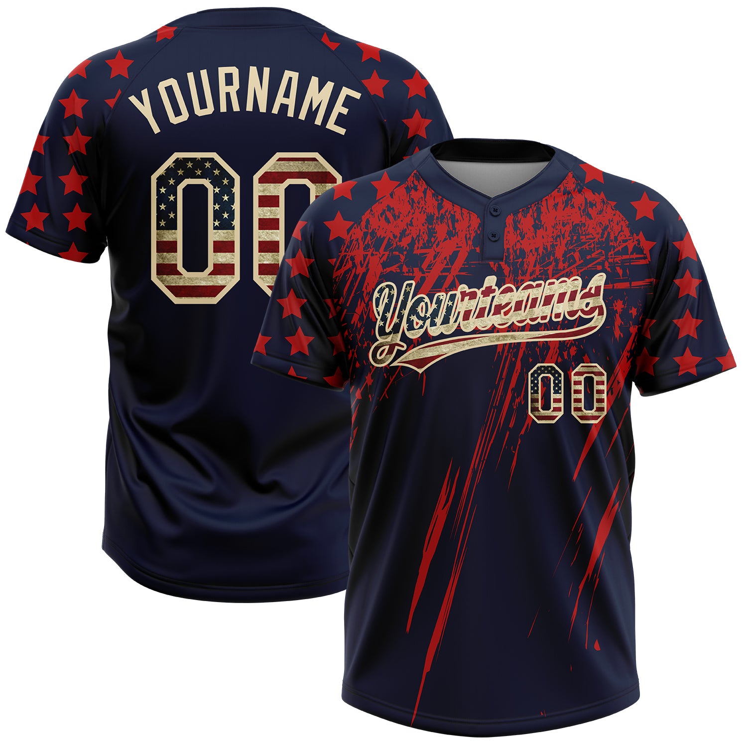 Custom Navy Vintage USA Flag Red-Cream Distressed Scratch Brush Stroke Star Raglan Sleeves Two-Button Unisex Softball Jersey