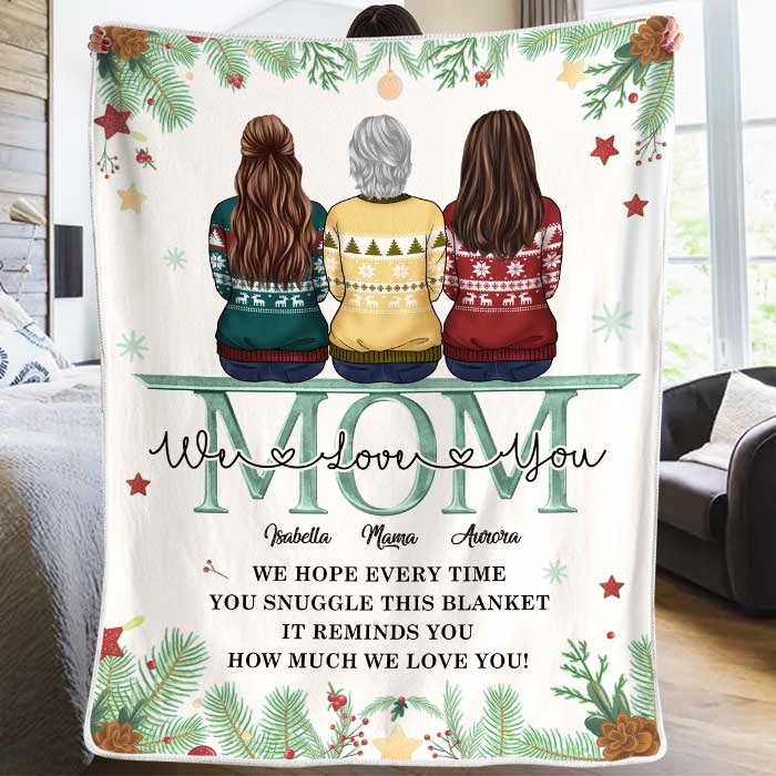 We Love You Mom Personalized Custom Blanket, Family Photo Throw Blanket for Mom, Christmas Gift