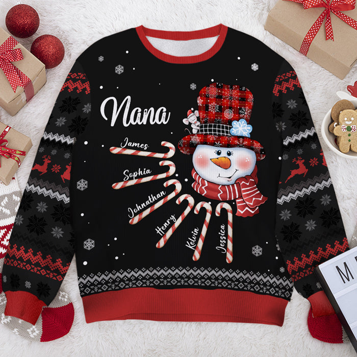 Personalized Nana Snowman Candy Cane Ugly Christmas Sweatshirt, Custom Unisex All Over Print Gift