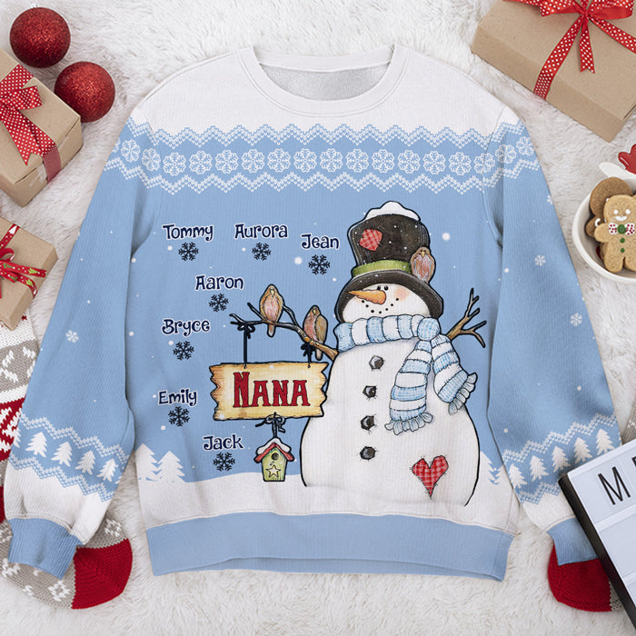 Personalized Nana Snowman & Little Snowflakes Unisex Ugly Christmas Sweatshirt, Grandma Gift