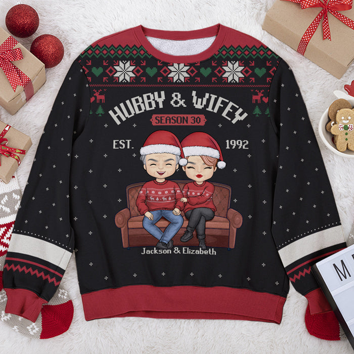 Personalized Hubby & Wifey Ugly Christmas Sweatshirt, Custom Unisex Couple Gift Sweatshirt