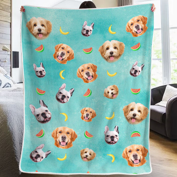 Personalized Pet and Fruit Icons Custom Blanket with Uploaded Photo, Christmas Gift for Pet Lovers