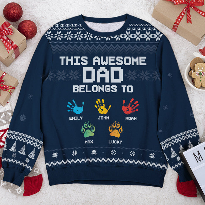 This Awesome Dad Belongs To Personalized Unisex Ugly Christmas Sweatshirt Gift for Dad