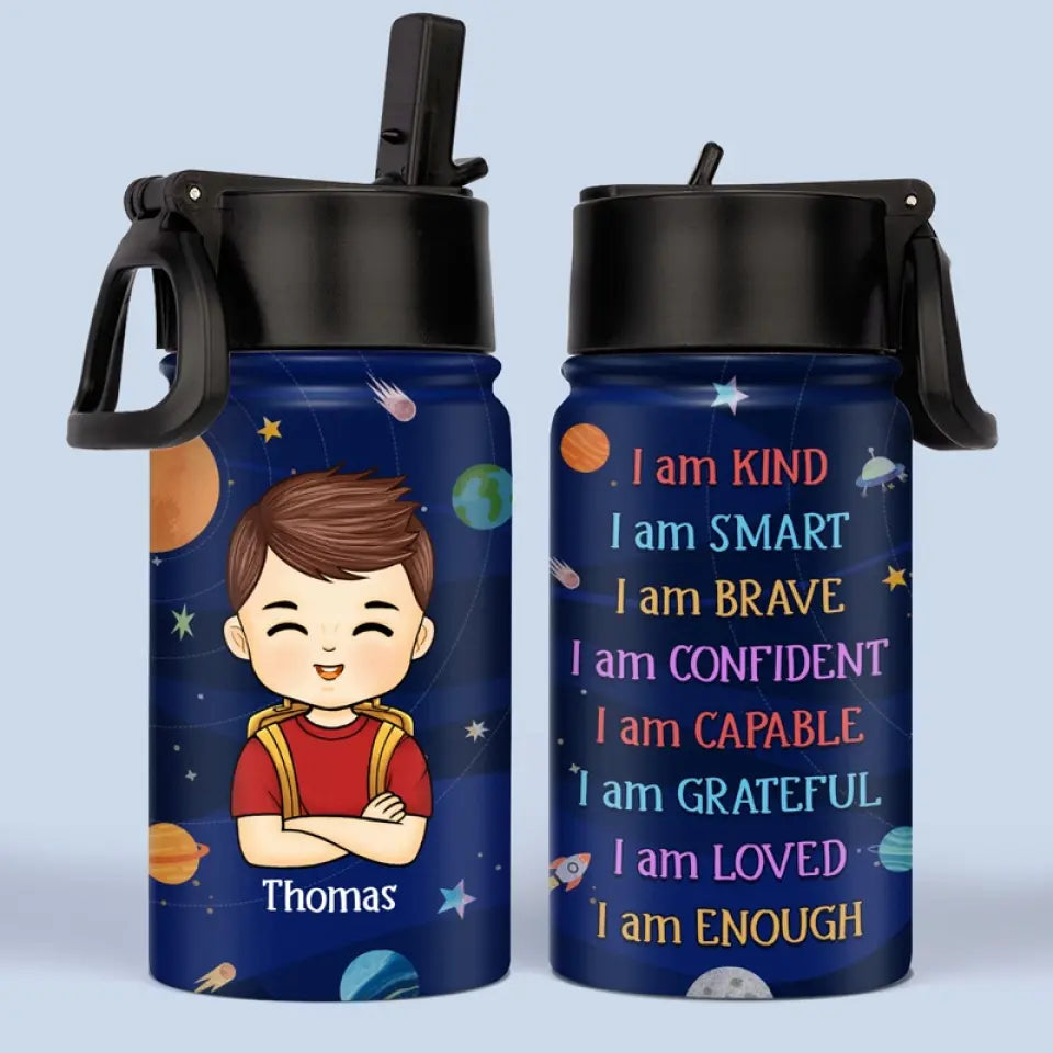 I Am Enough Personalized Custom Kid Water Bottle, Back to School Gift for Kids and Grandkids