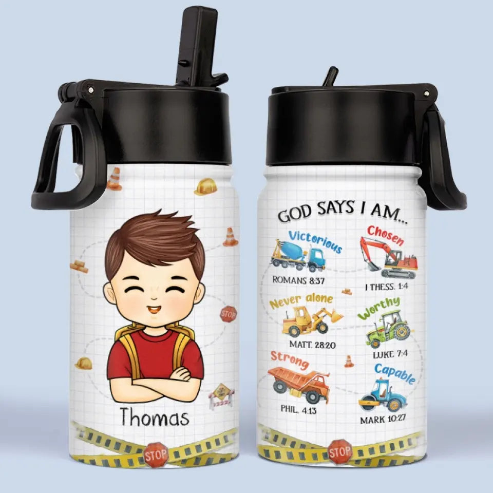 God Says I Am Personalized Kids Water Bottle, Custom Back to School Gift for Child or Grandkid