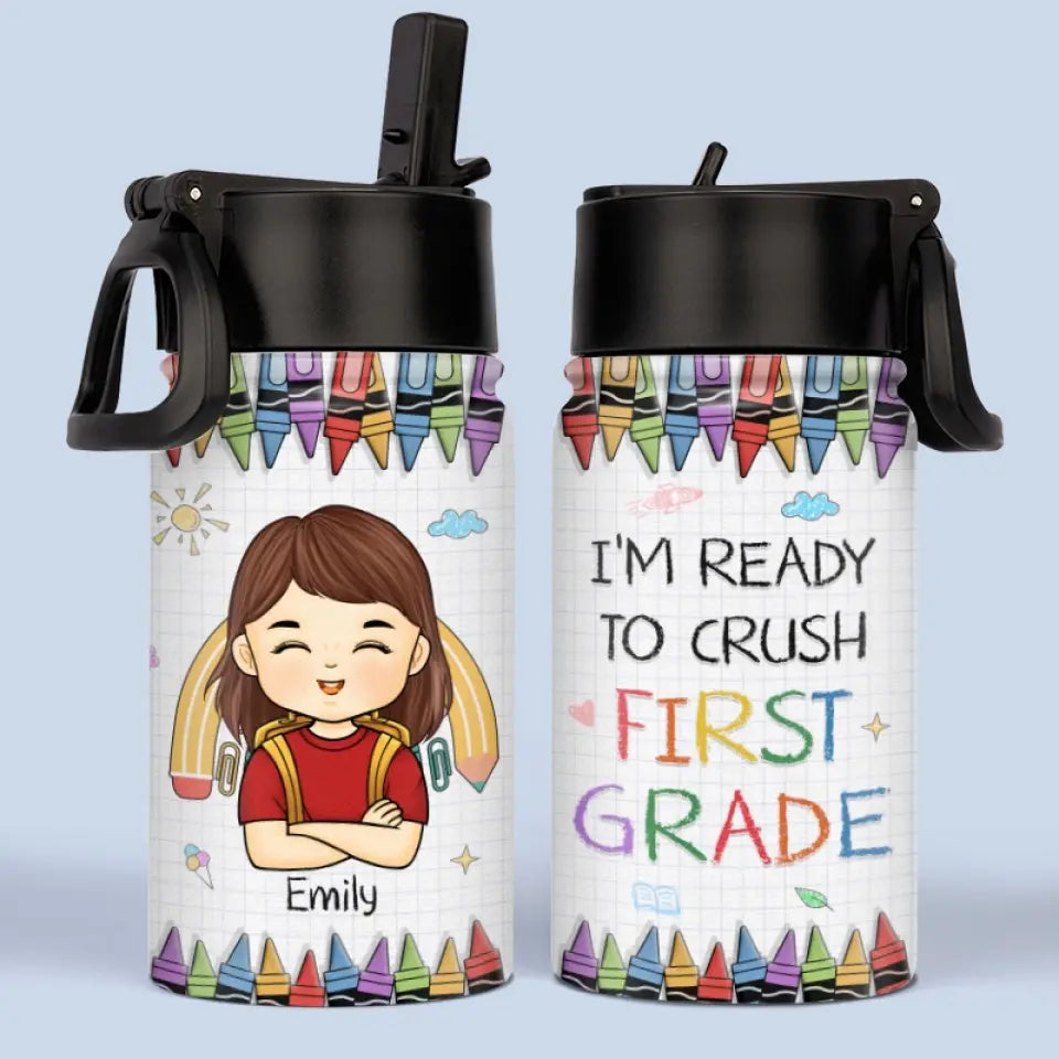 Personalized Kids Second Grade Water Bottle, I'm Ready to Crush 2nd Grade Back to School Gift