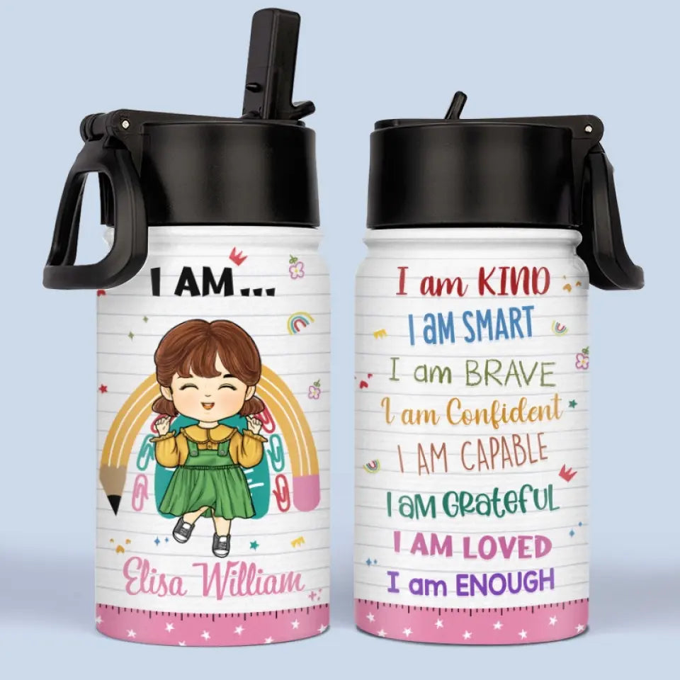Personalized God Says I Am Enough Kid Water Bottle, Custom Back to School Gift for Kids and Grandkids