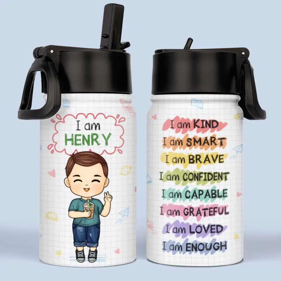 I Am Kind Personalized Custom Kid Water Bottle, Back to School Gift for Kids and Grandkids