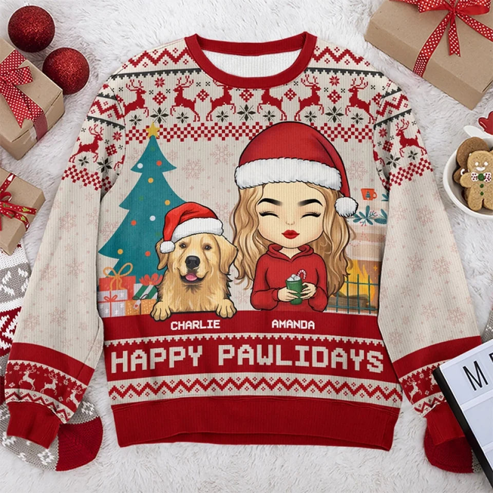 Personalized Ugly Christmas Sweatshirt with Dog & Cat Portraits, Unisex Pet Lover Holiday Gift