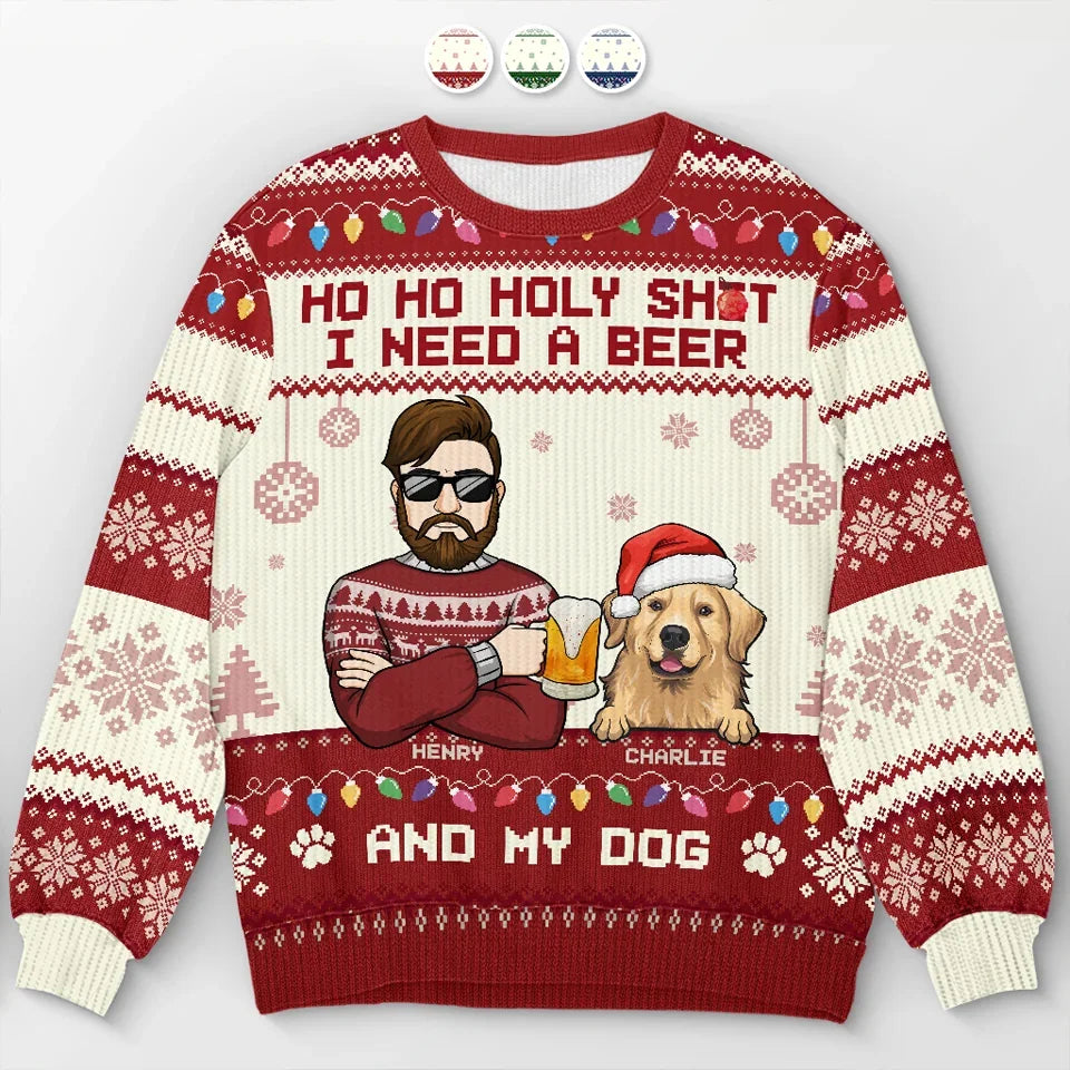 Personalized Dog Christmas Ugly Sweatshirt, Sipping Beer Snuggling Pet Owner Unisex Wool Jumper