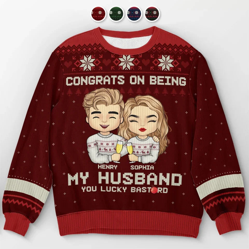 Personalized Couple Ugly Sweatshirt, Custom Congrats On Being My Boyfriend Unisex Christmas Anniversary Gift