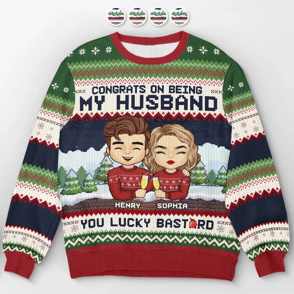 Sips And Smiles With You Personalized Couple Ugly Sweatshirt, Unisex Wool Jumper Christmas Anniversary Gift