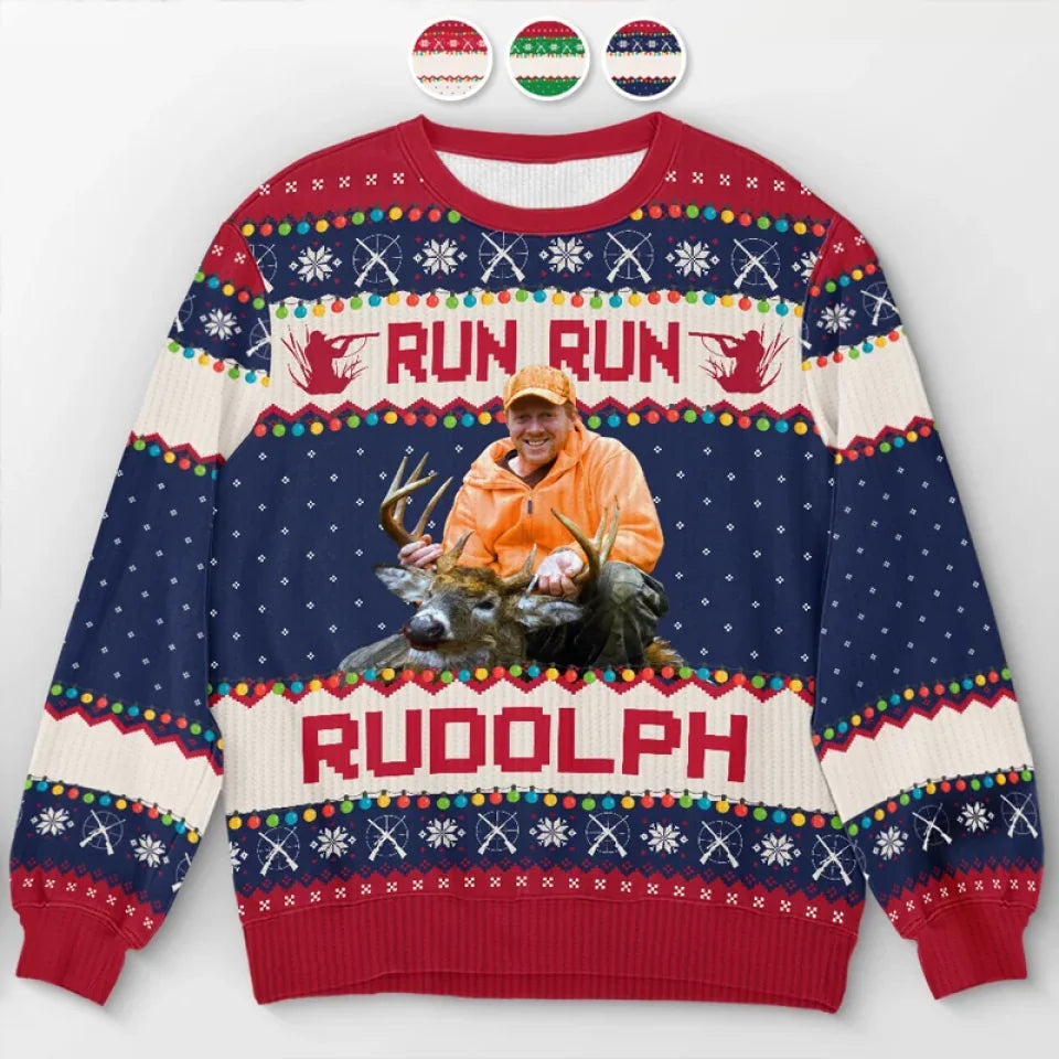 Custom Photo Merry Huntmas Ugly Christmas Sweatshirt, Personalized Hunting Gift for Dad Grandpa Husband