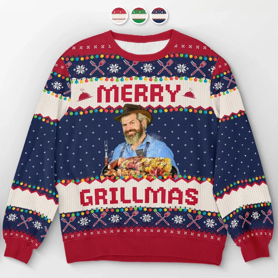Custom Photo Grilling Up Some Holiday Cheer Ugly Christmas Sweatshirt, Personalized Gift for Dad