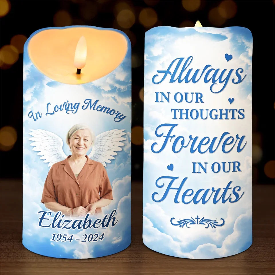 Personalized Memorial Custom Photo LED Candle - Always In Our Thoughts Sympathy Gift for Family