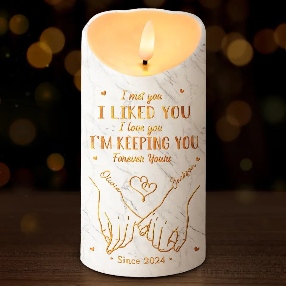 Two Hearts One Grip Personalized Custom LED Candle, Romantic Christmas or Anniversary Gift for Couples