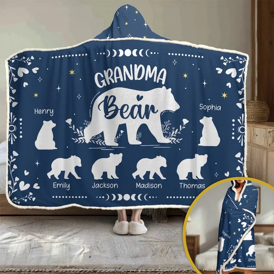 Personalized Grandma Bear Hug Snuggle Blanket or Hoodie Blanket, Custom Family Gift for Mom or Grandma