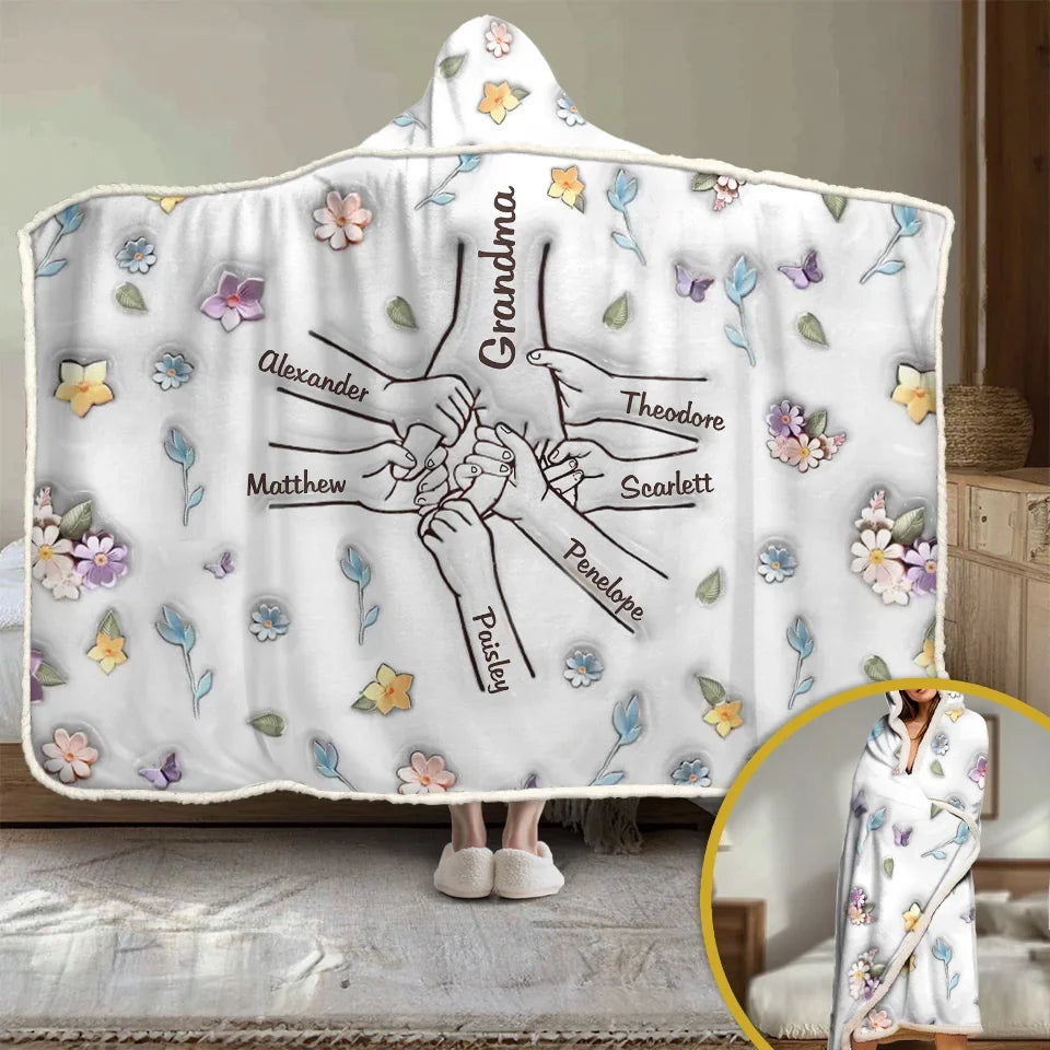 Personalized Family Snuggle Hoodie Blanket, 3D Inflated Effect Let’s Hold Hands Gift