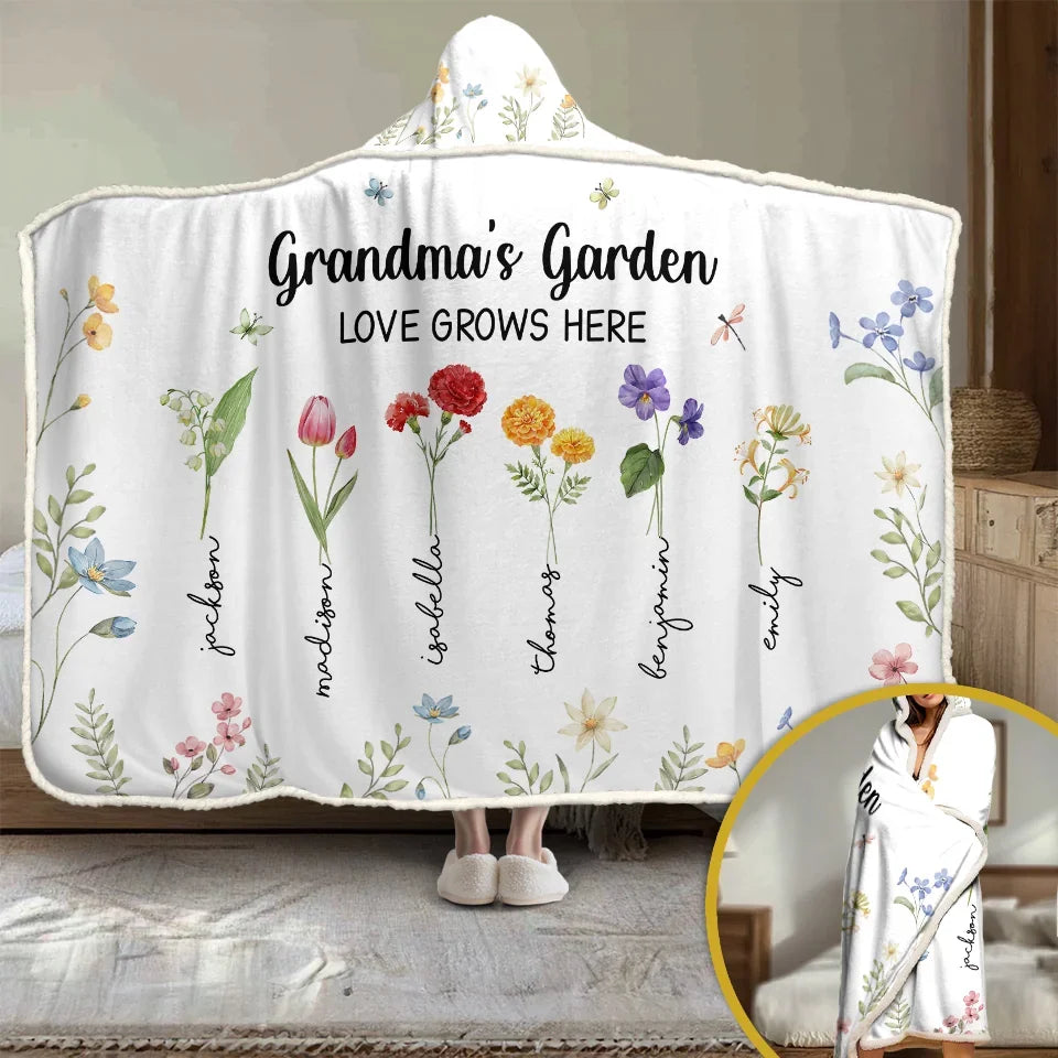 Mama's Favorite Garden Personalized Snuggle Blanket or Hoodie Blanket, Custom Gift for Mom or Grandma