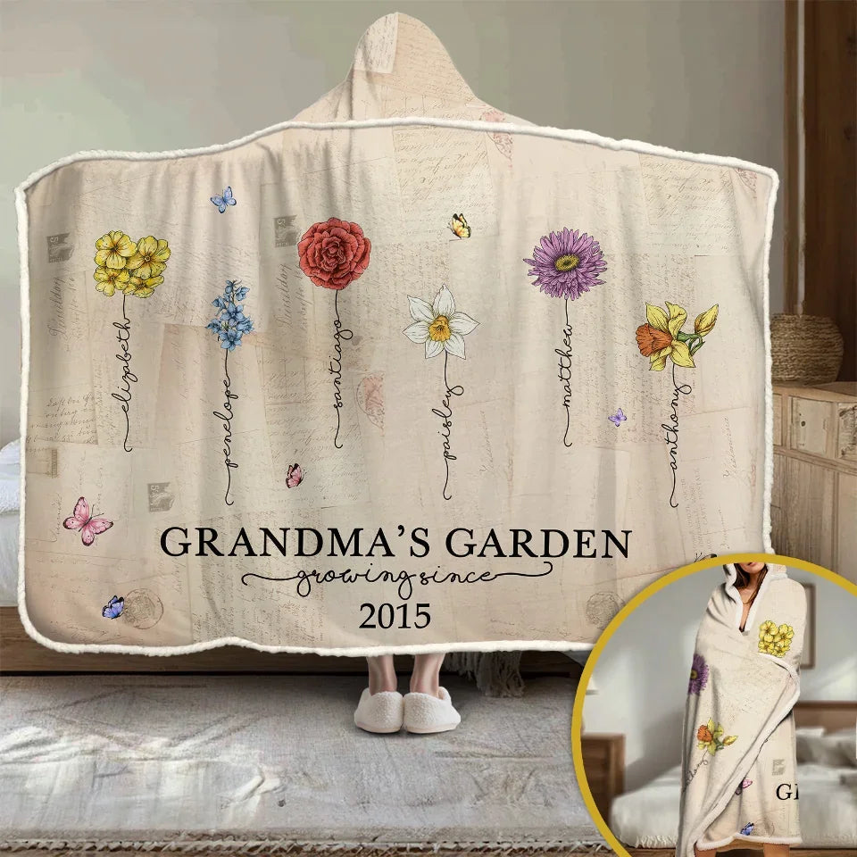 Personalized Grandma Garden of Love Snuggle Blanket or Hoodie Blanket Gift for Mom