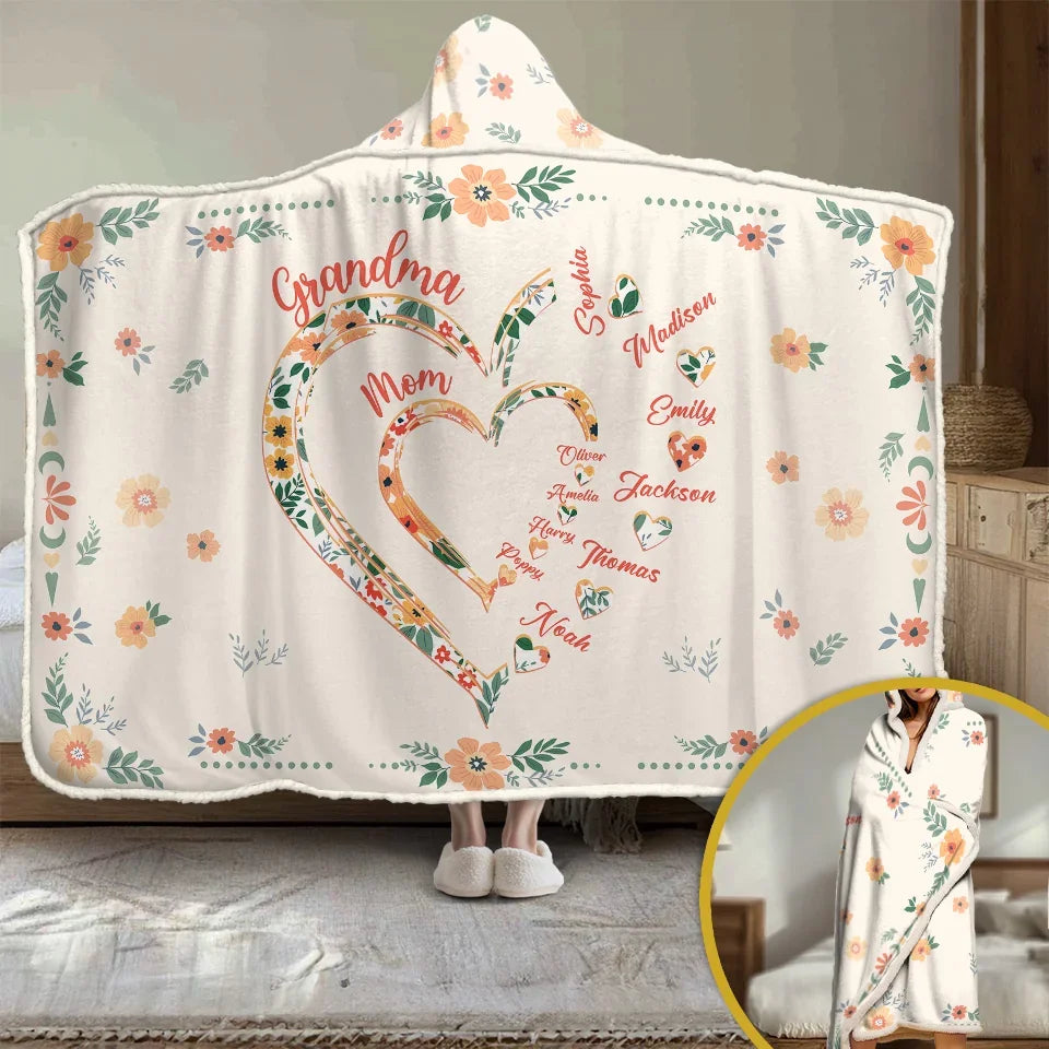 Three Generations One Heart Full of Love Personalized Snuggle Blanket Hoodie Blanket Gift for Mom or Grandma