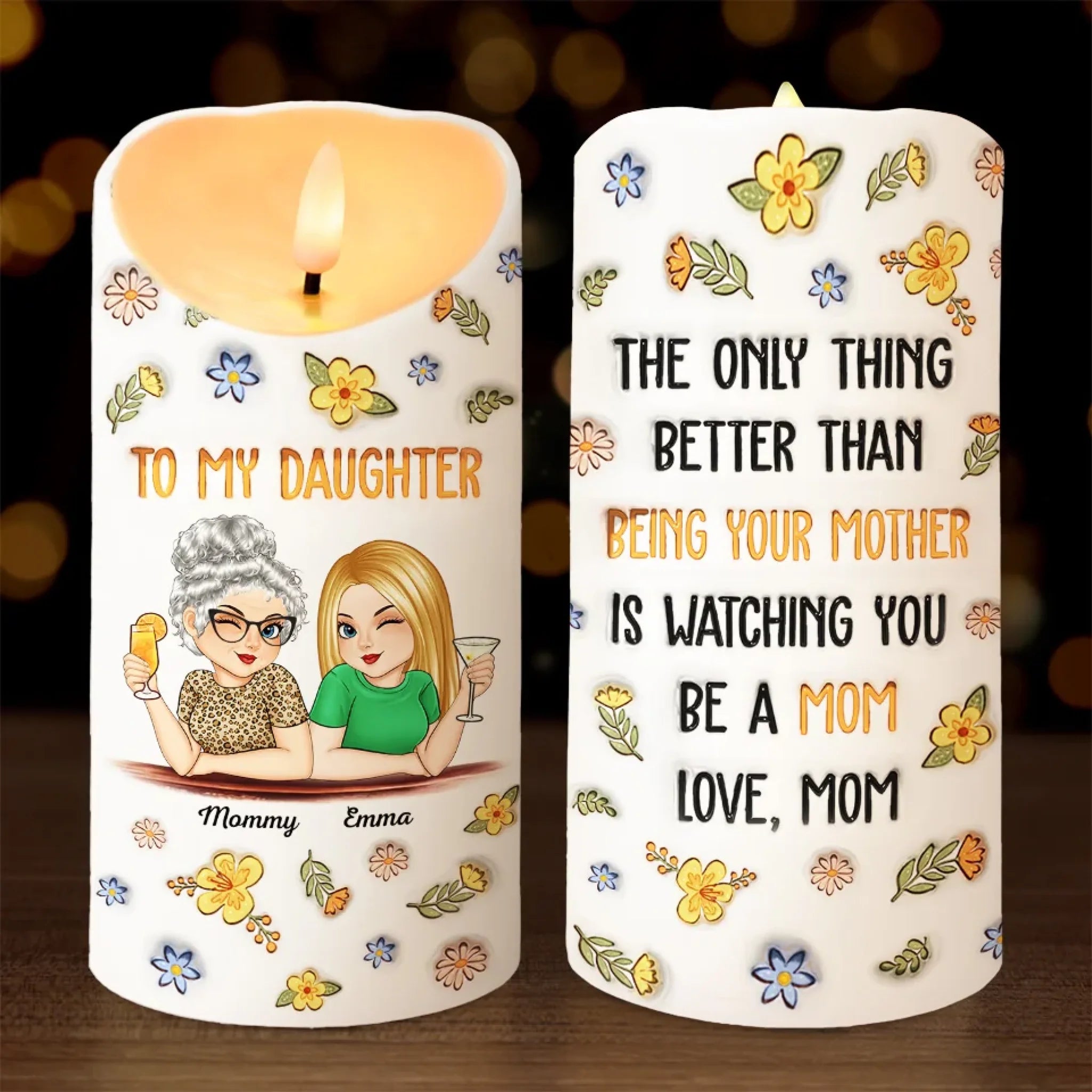 Personalized Family 3D Inflated Effect Printed LED Candle - Growing Together Loving Forever Gift for Mom