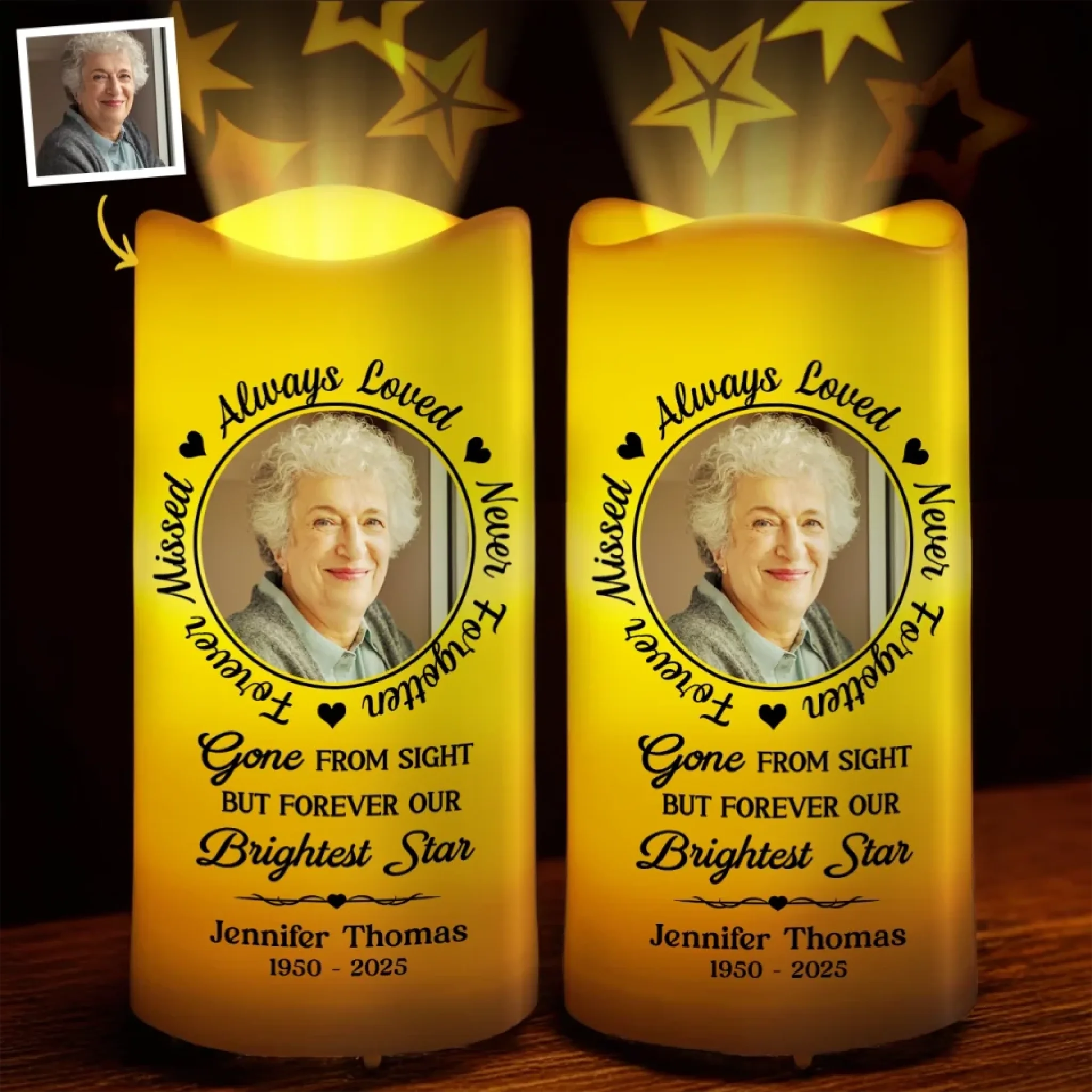 Custom Photo Forever A Light in Your Heart Memorial LED Projection Flameless Candle, Sympathy Gift