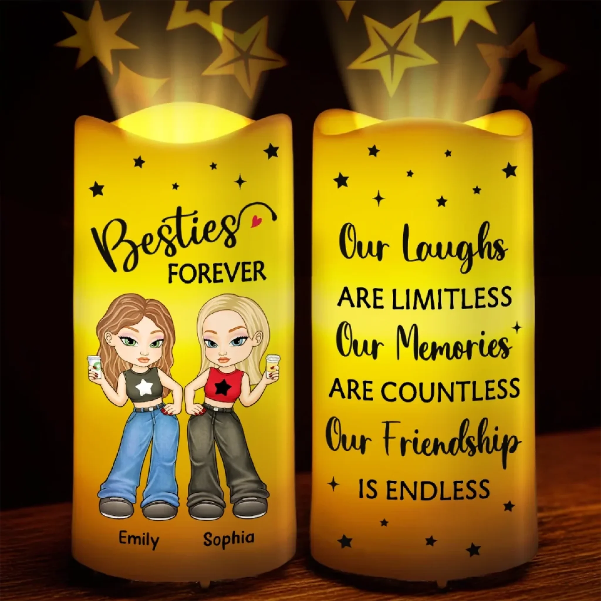 Personalized Besties Forever LED Projection Flameless Candle Gift for Best Friends, BFFs & Sisters