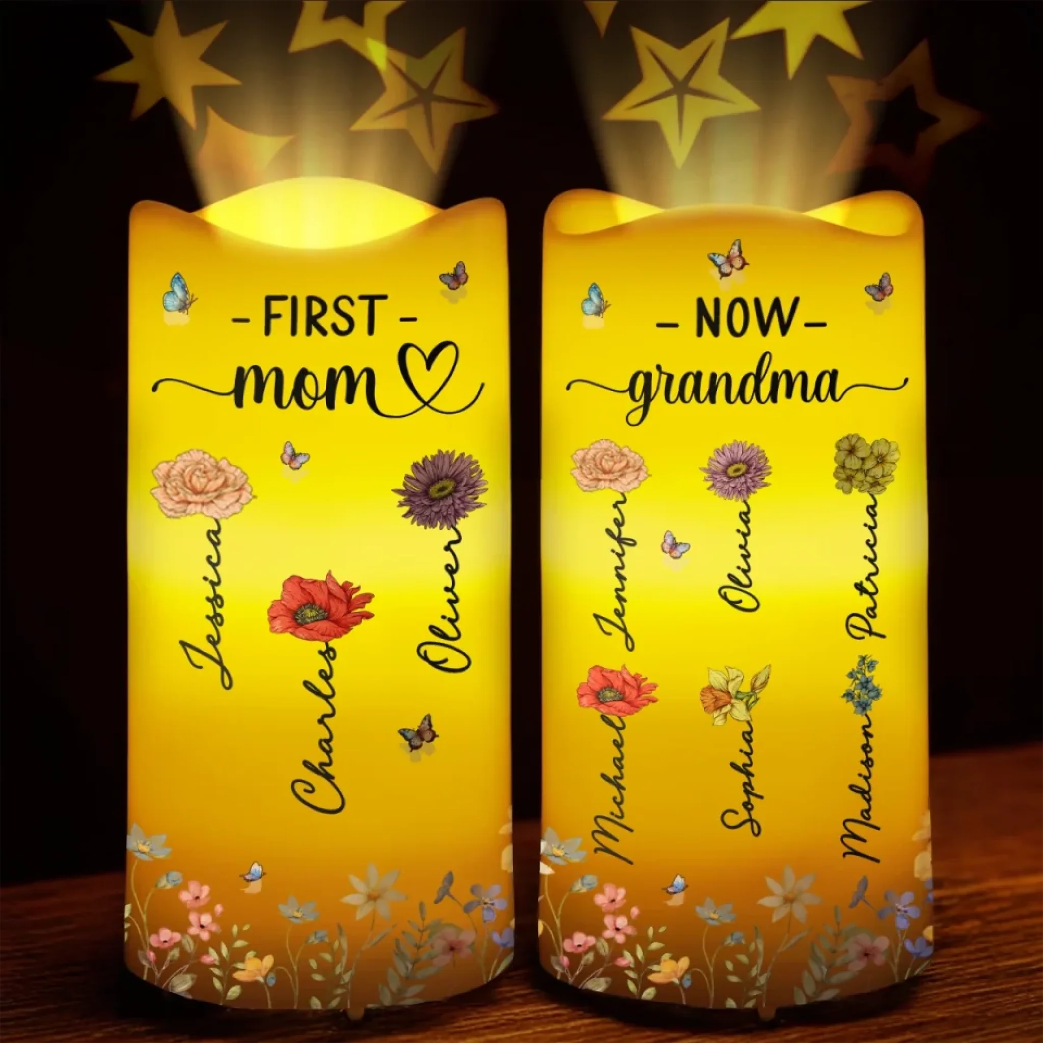Personalized Family LED Projection Flameless Candle, Custom Generations Gift for Mom or Grandma