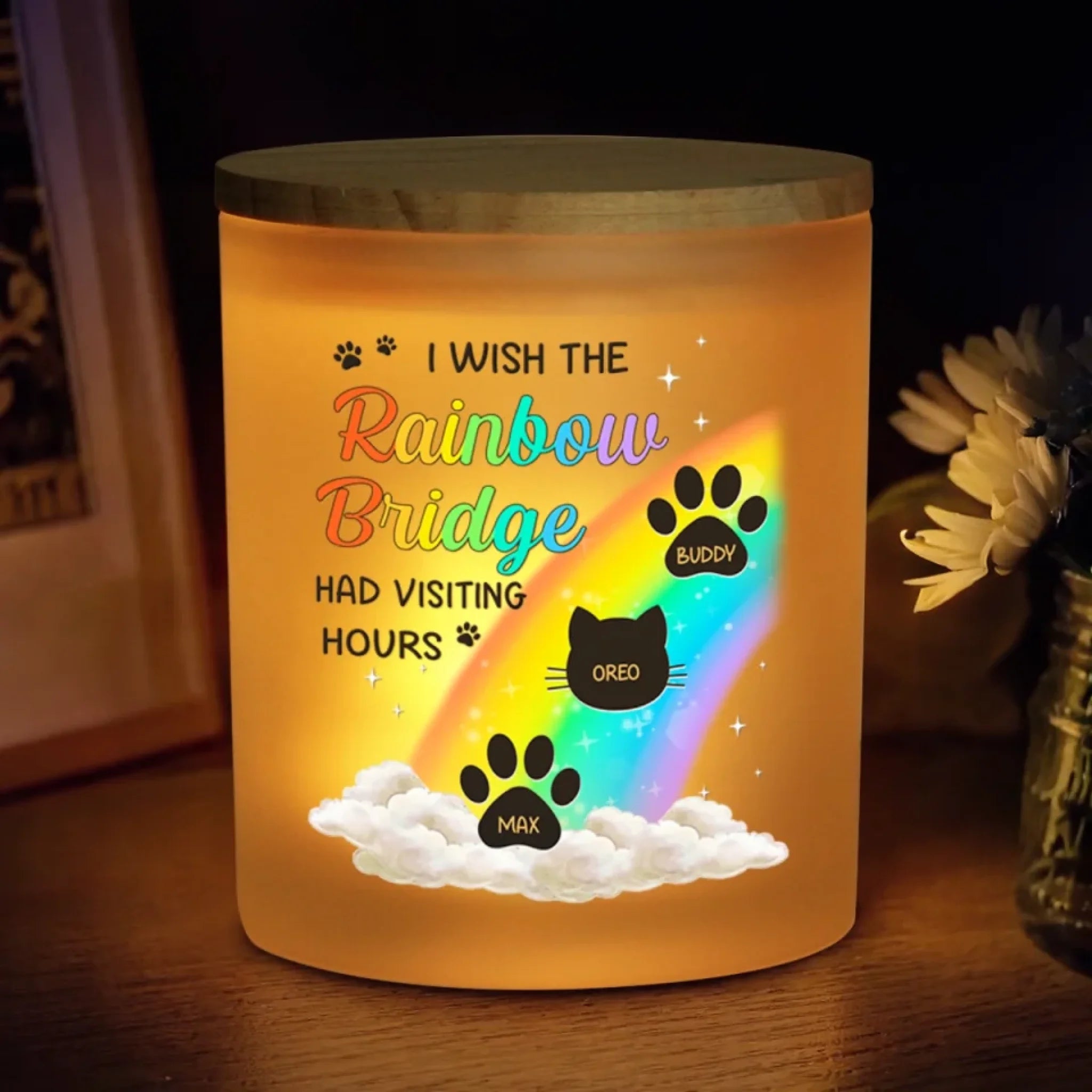 Personalized Pet Memorial Glass Jar with LED Candle, Rainbow Bridge Sympathy Gift for Pet Owners
