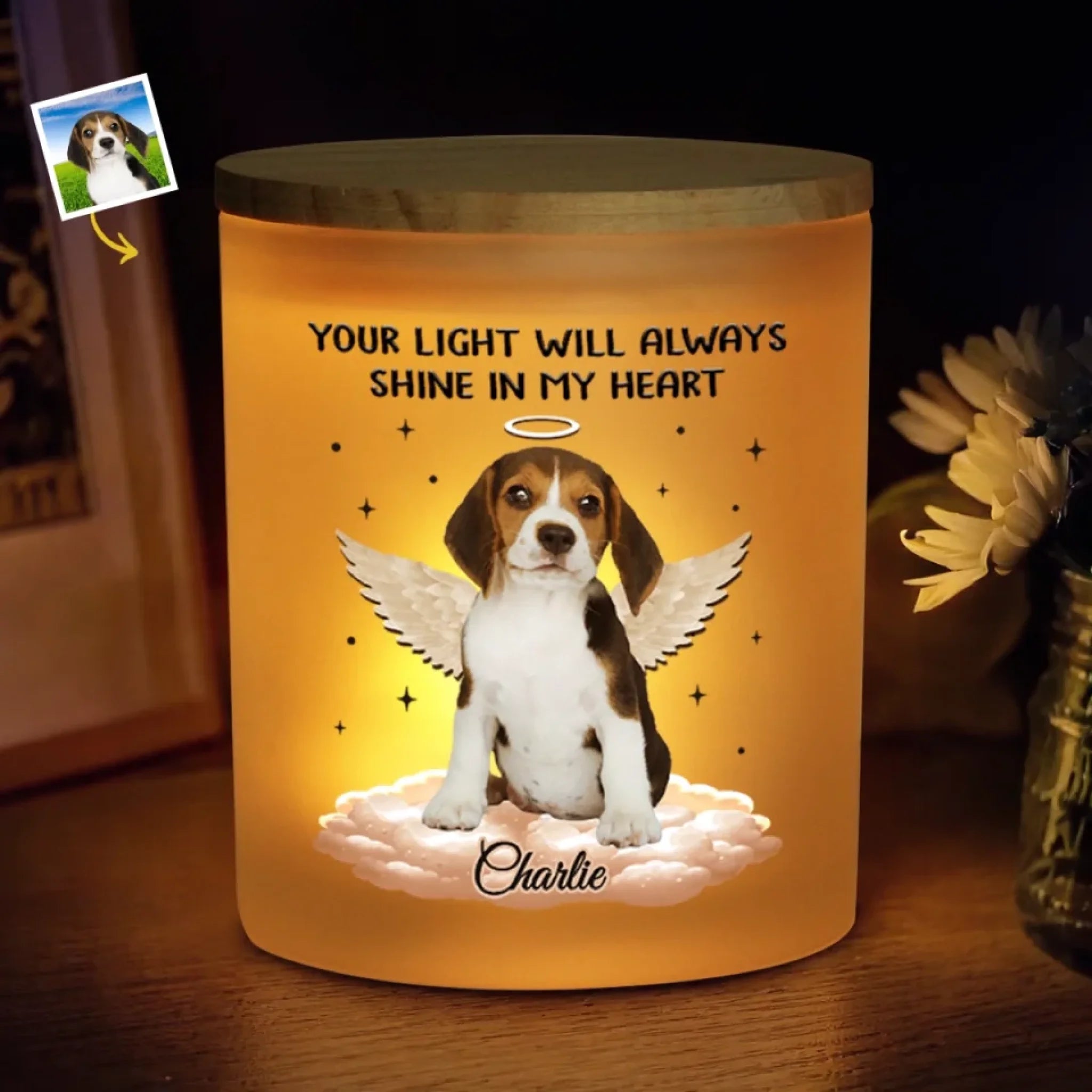 Custom Photo Forever In My Heart Memorial Personalized Printed Glass Jar with LED Candle Pet Sympathy Gift