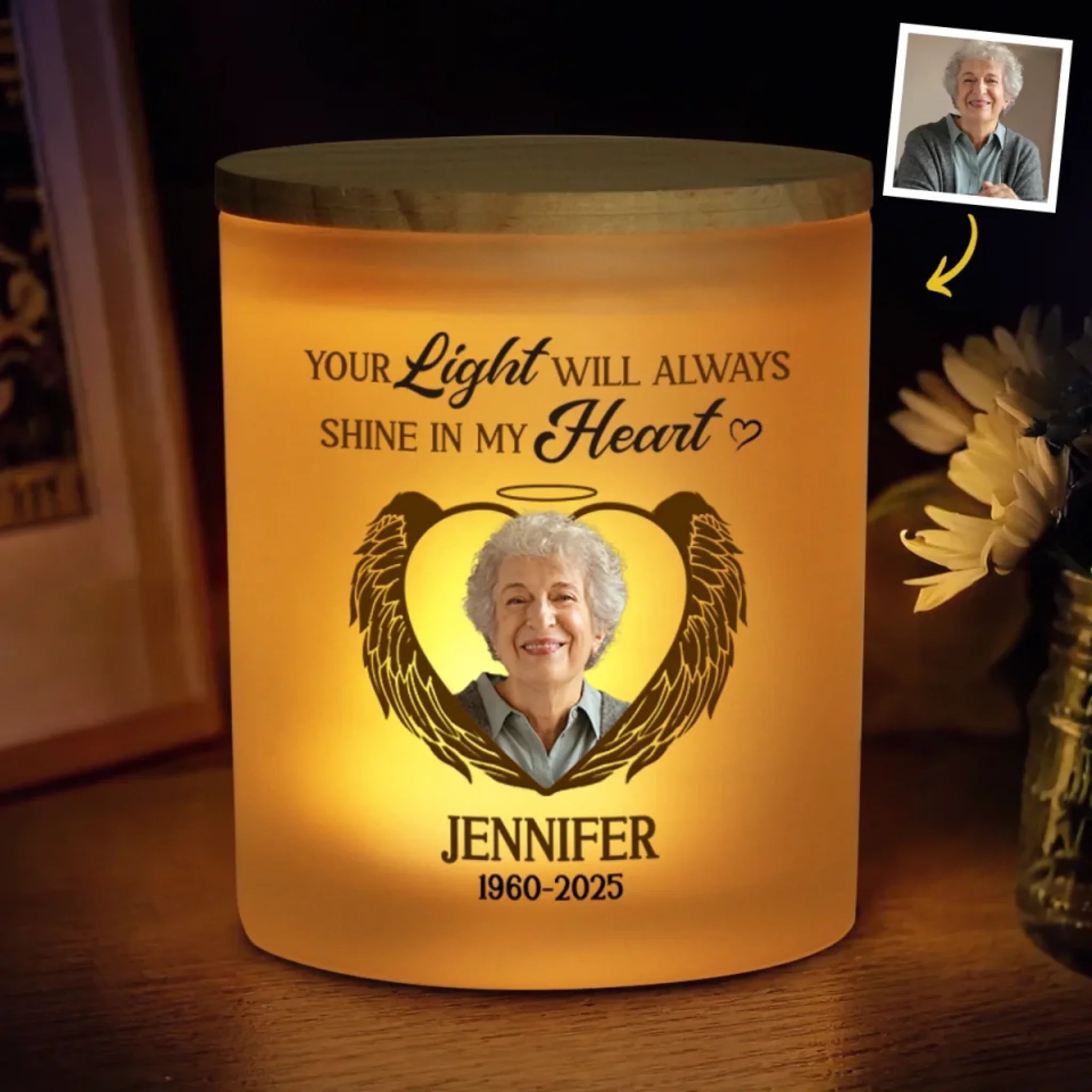 Custom Photo Memorial Personalized Printed Glass Jar with LED Candle, Sympathy Gift for Family