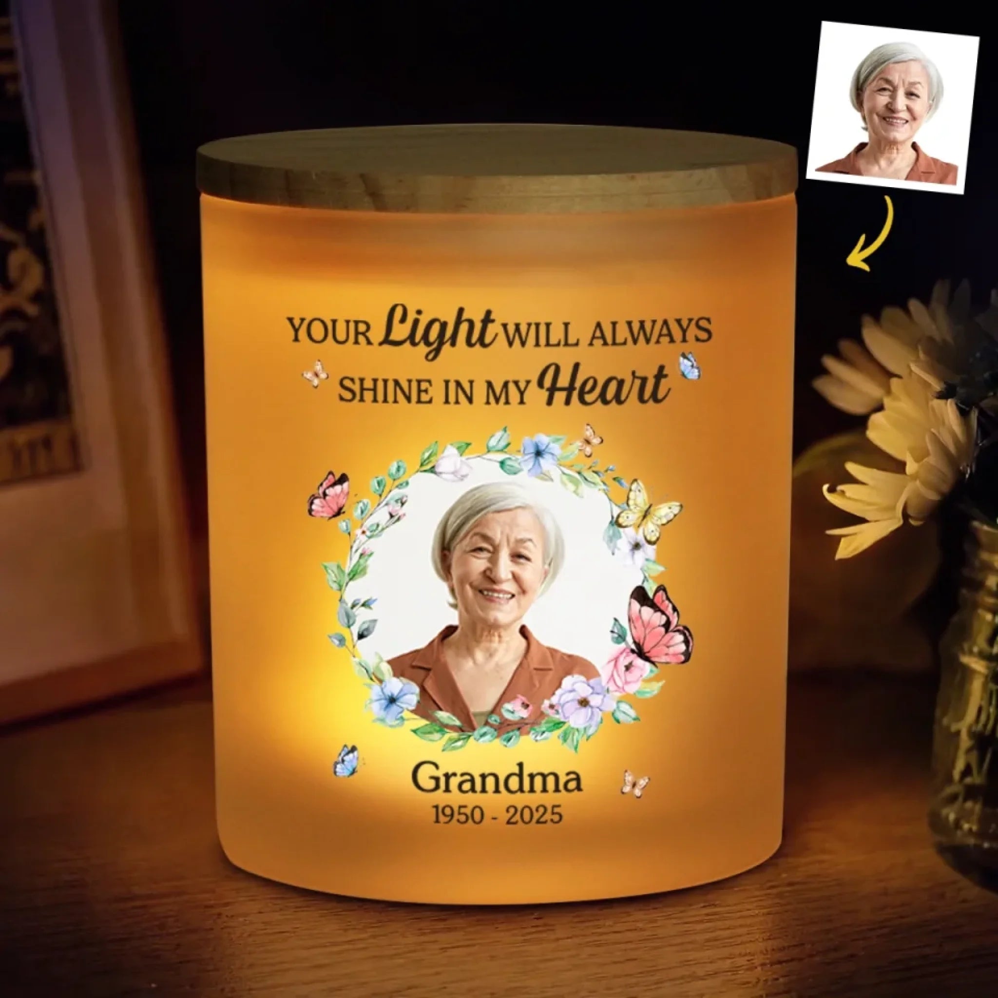 Custom Photo Memorial Glass Jar with LED Candle, Your Light Will Always Shine Sympathy Gift for Family