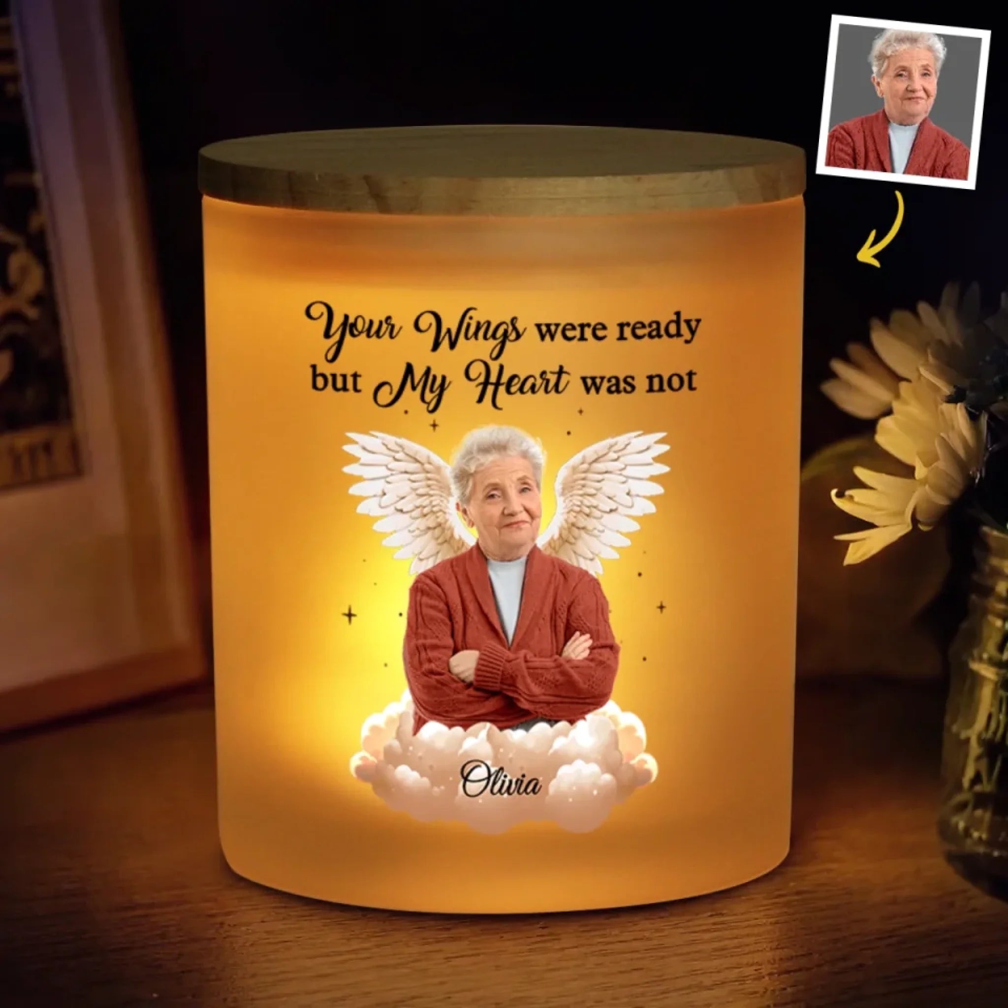 Personalized Memorial Photo Printed Glass Jar with LED Candle, Sympathy Gift for Family