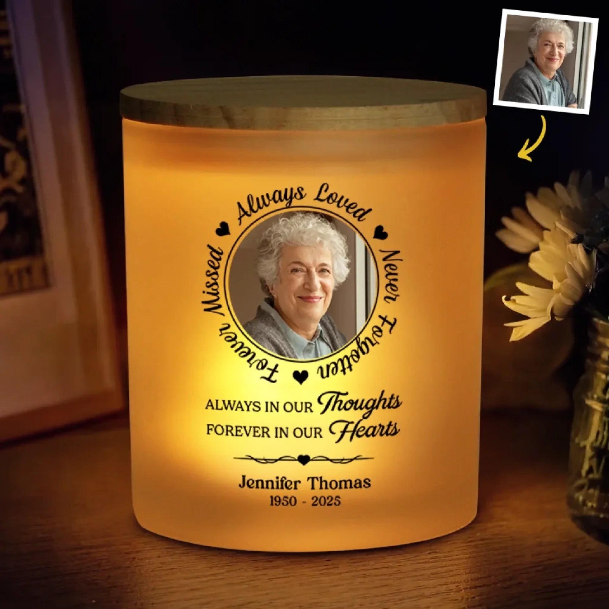 Personalized Memorial Photo Glass Jar with LED Candle, Shining Bright In My Heart Sympathy Gift