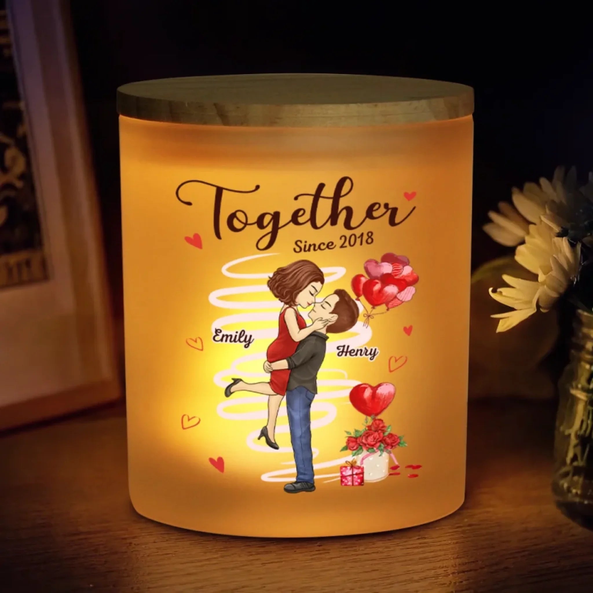 Soulmates For Life Personalized Couple Printed Glass Jar with LED Candle - Anniversary Gift for Husband or Wife