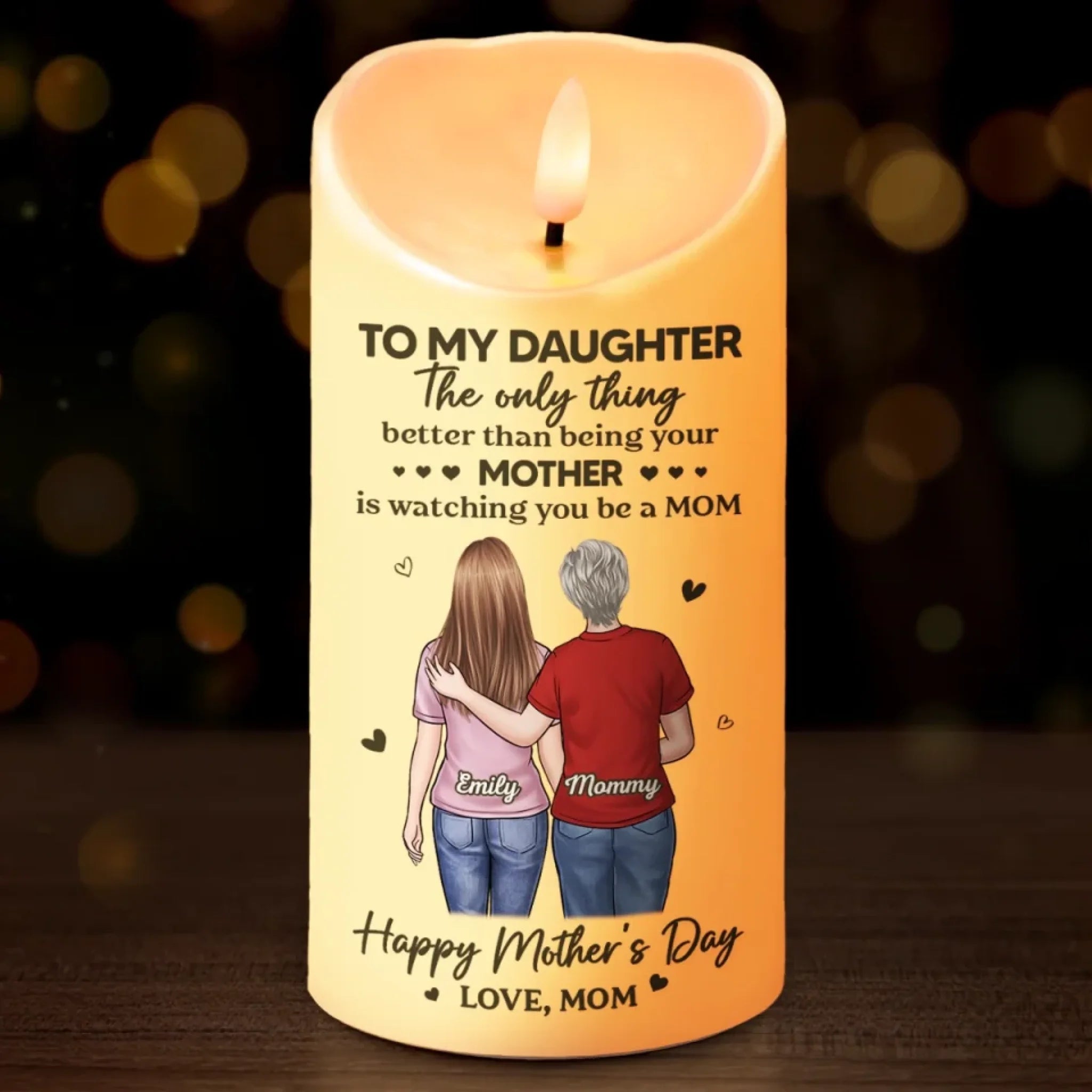 Two Hearts Forever Connected Personalized LED Candle, Custom Mother's Day Gift for Mom or Daughter