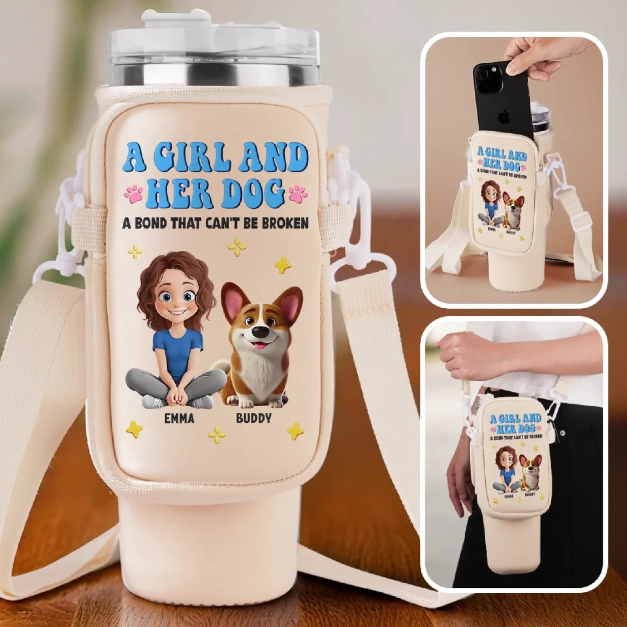 Personalized Dog & Cat Neoprene Water Bottle Carrier With Pocket, Pet Lover Mother's Day Gift