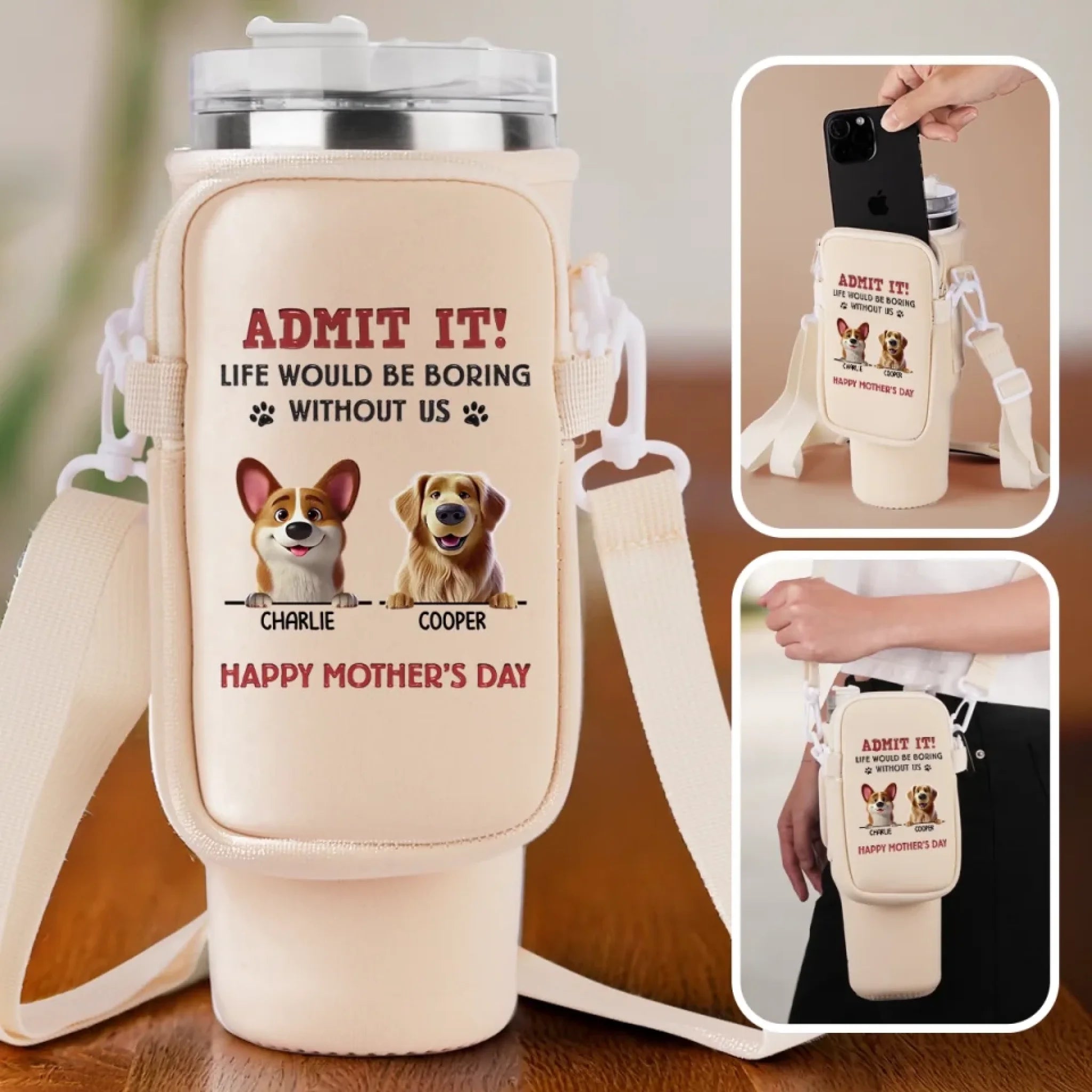 Personalized Dog Mom Neoprene Water Bottle Carrier With Pocket, Pet Lover Mother's Day Gift